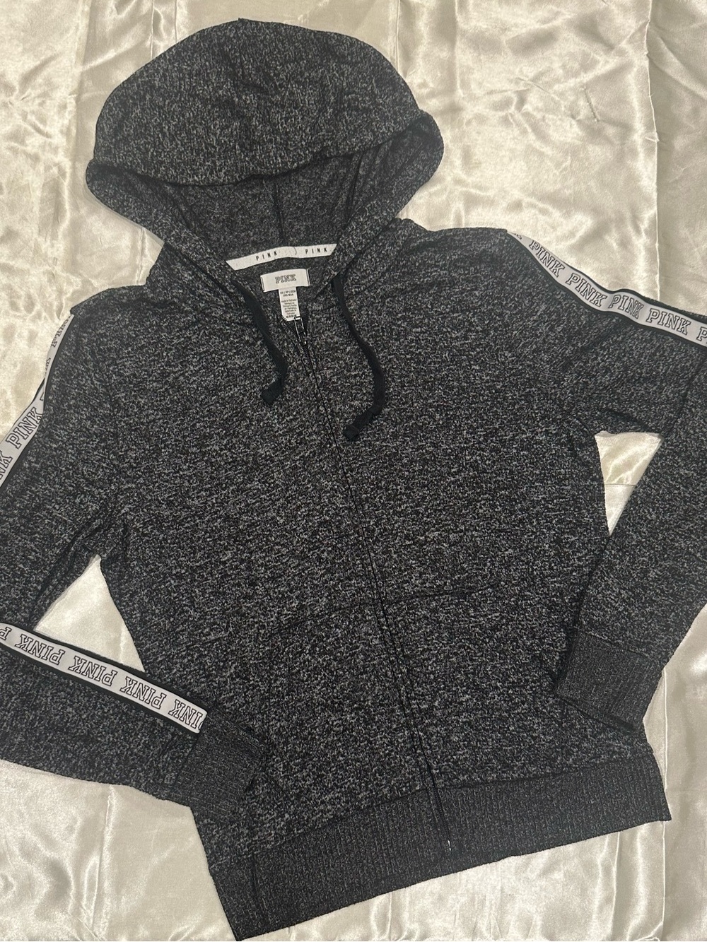 PINK Victoria's Secret Black Marled Zip Hoodie with Logo Stripe